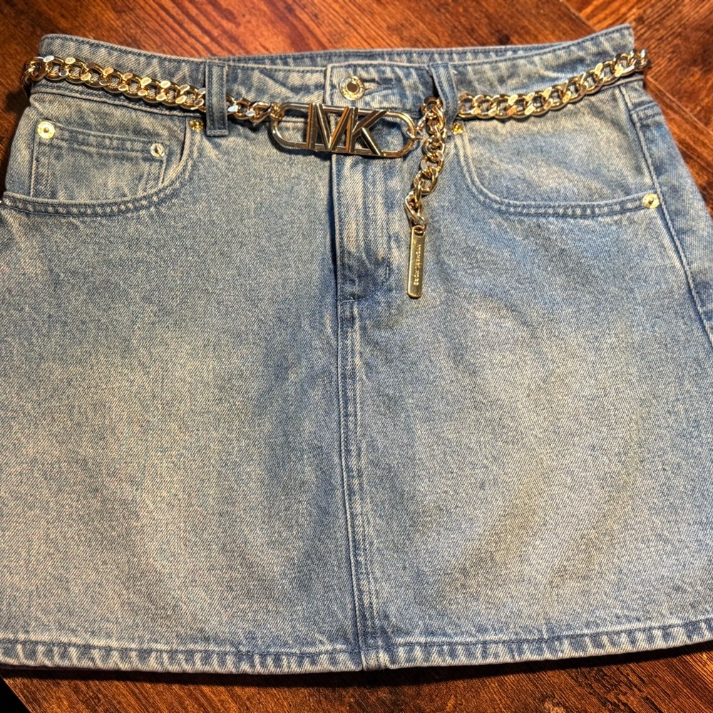 Michael Kors Denim Mini Skirt with Chunky Gold Chain Belt
